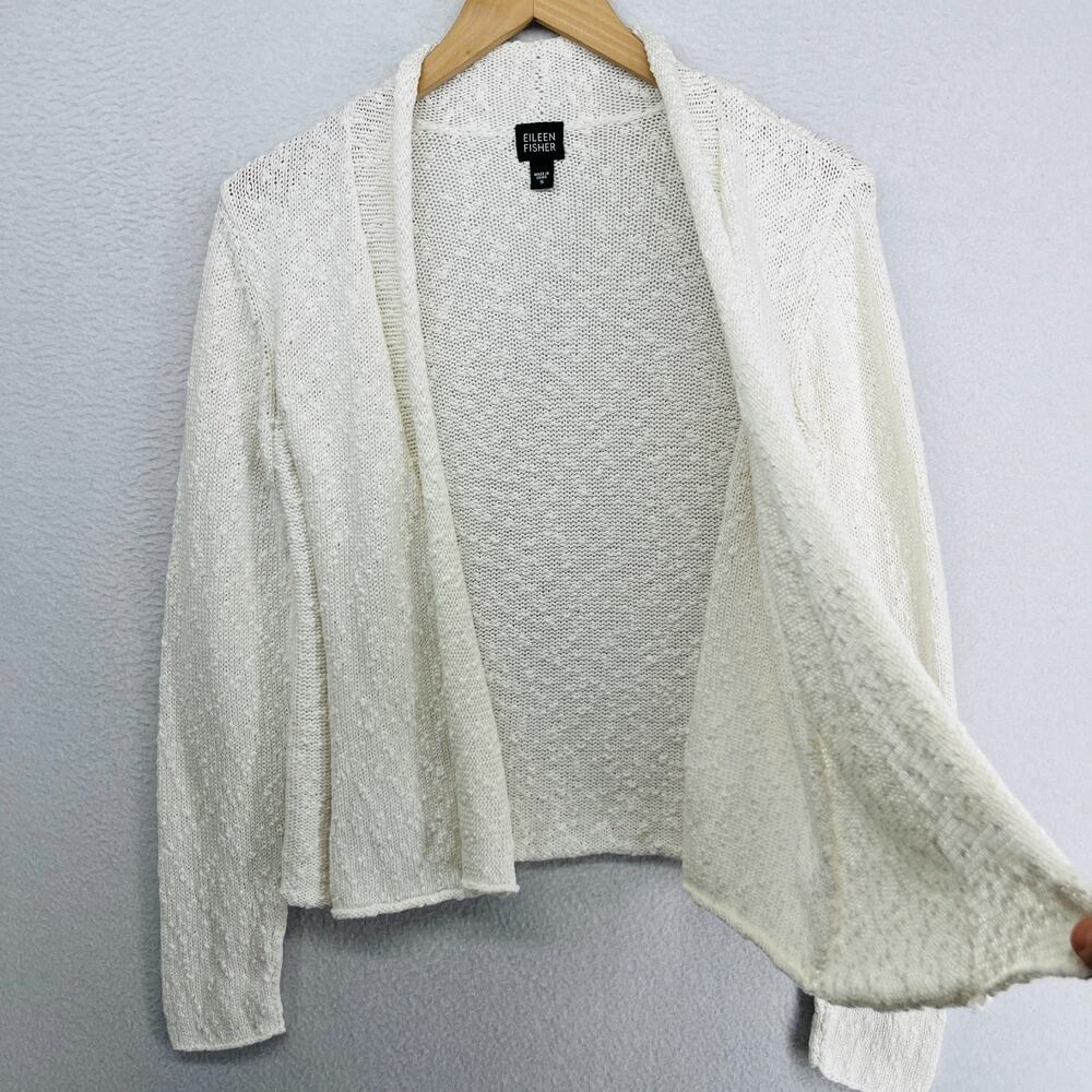 EILEEN FISHER Sweater S Organic Cotton Slub Chunky Cardigan Open Front White